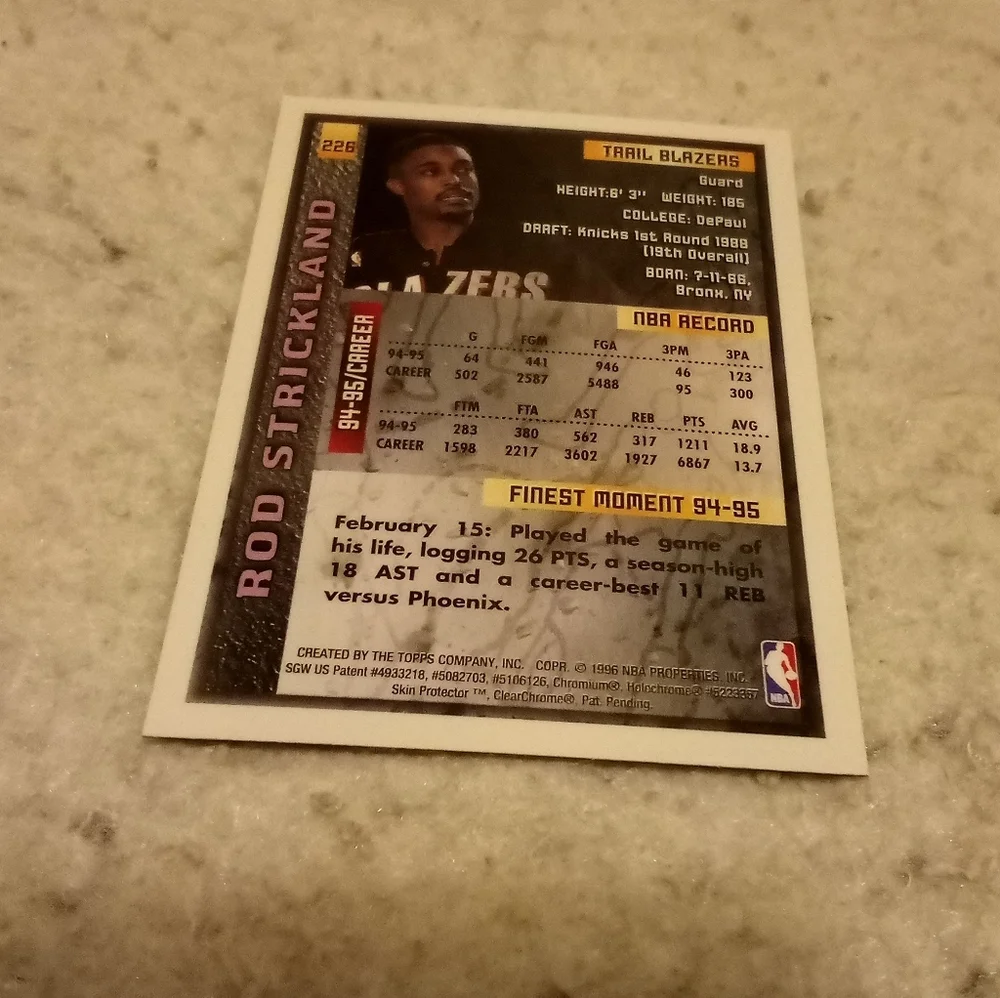 1995-96 Topps Finest Rod Strickland Portland Trailblazers #226